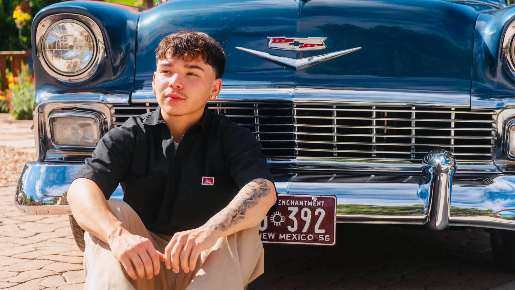 Senior portrait beside a vintage Chevrolet, Northern New Mexico
